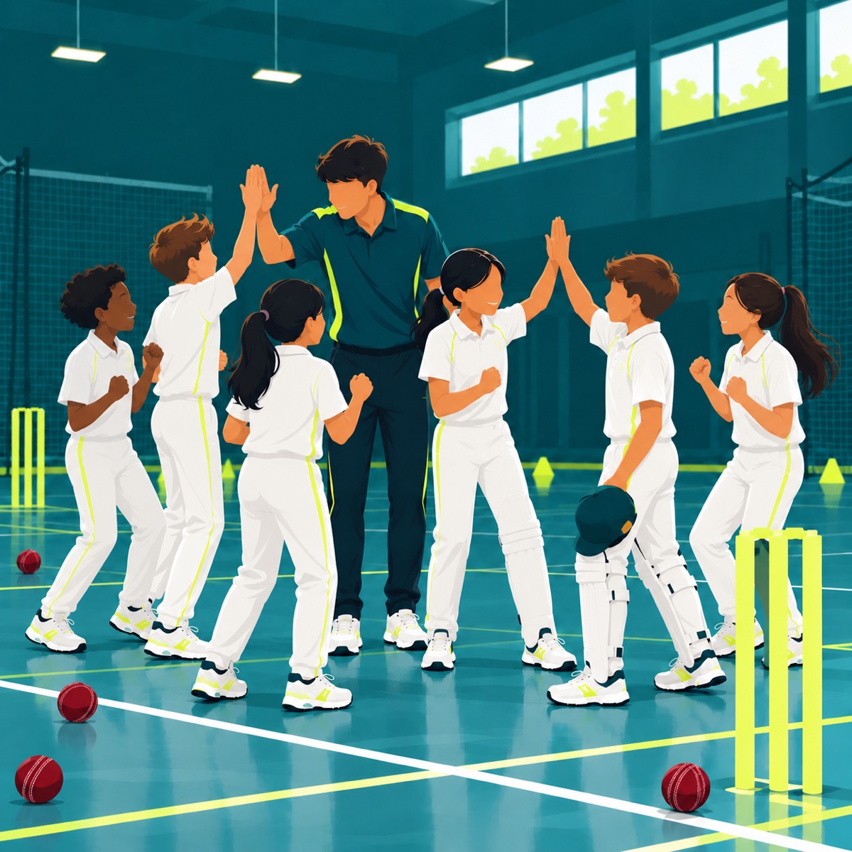 Young players high-fiving their coach after training