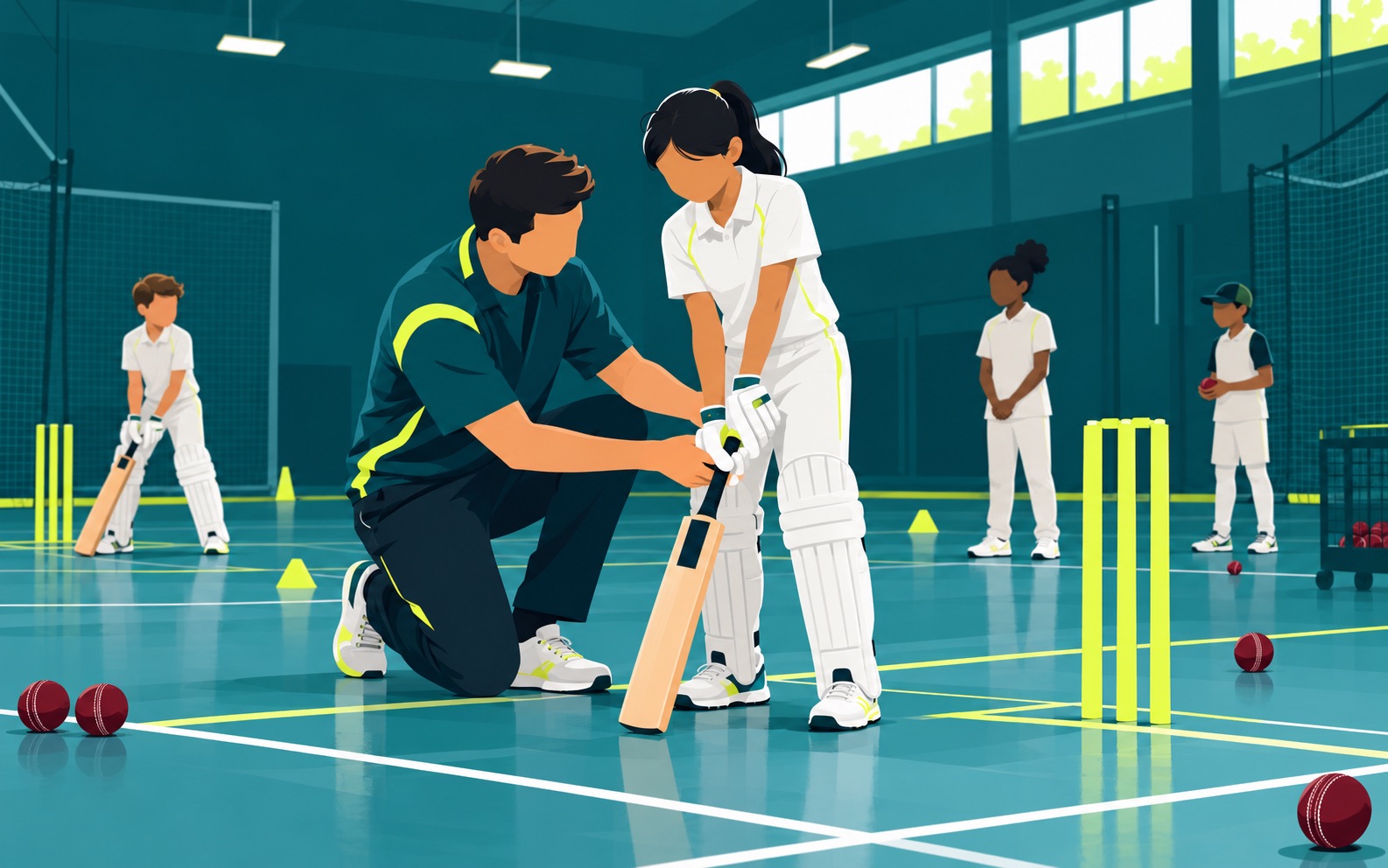 A coach kneels to adjust a young girl's grip on the bat in an indoor cricket hall