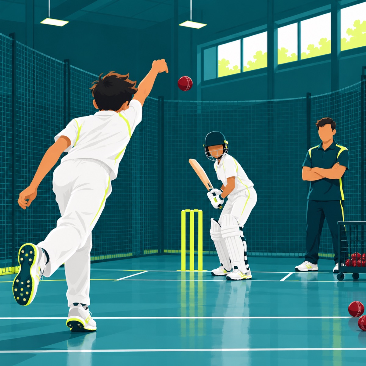 A young bowler delivers to a batter in the indoor nets while a coach watches